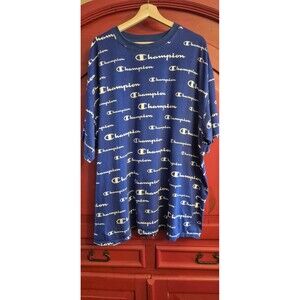 Champion Mens 2XL LIFE T-Shirt Blue All Over Print Logo Heritage 100% Cotton Tee